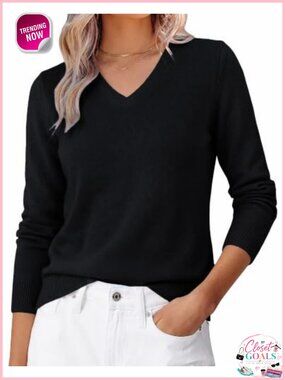 Merino Wool Cashmere V-Neck Pullover Sweater Long Sleeve